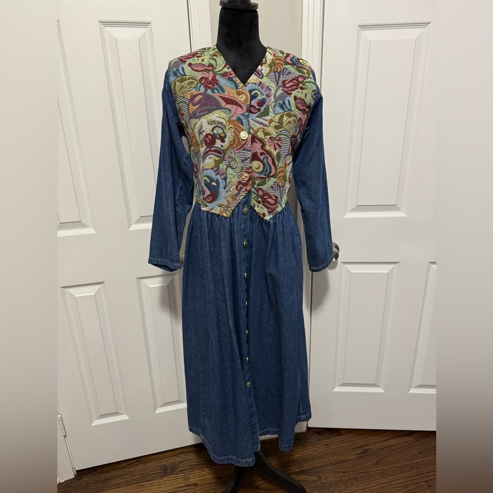 80s Vintage Denim Sad Clown Tapestry maxi dress sz small
